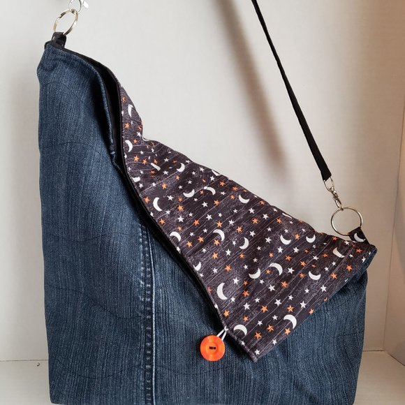 Hand Crafted Handbags - Denim Moon/Stars Fold Over Bag